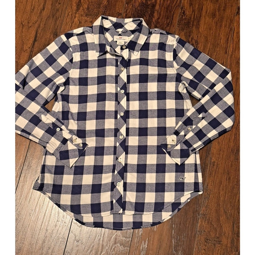 Vineyard Vines Womens 6 Navy Blue White Buffalo Check Flannel Button Down Shirt‎